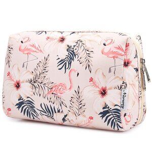 Women Beige Bird Large Makeup Bag Zipper Pouch Travel Cosmetic Organizer